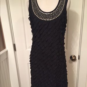 CAROLE LITTLE DRESS LBD MINI BLACK RUFFLED SHEATH EMBELLISH SLEEVELESS Size S